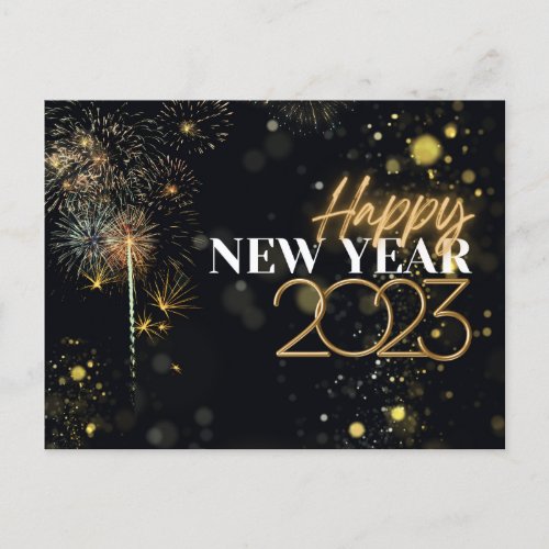 Fireworks Happy New Year 2023 Gold  Black Holiday Postcard