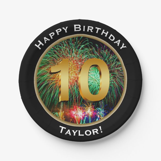 Fireworks Happy Tenth 10th Birthday with Name Paper Plates (Front)