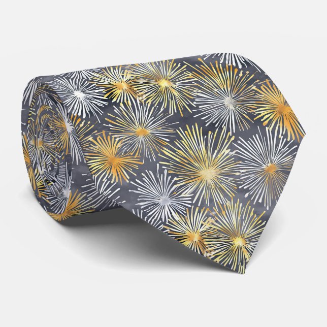 Fireworks in White and Gold on Light Gray Neck Tie (Rolled)