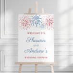 Fireworks July 4th Couples Wedding Shower Welcome Poster<br><div class="desc">This party welcome sign design features my original watercolor illustrations (of red and blue firework bursts),  handpainted by me before being scanned into digital form. Shown here for a Co-ed Wedding Shower but all of the text can be customized to your needs.</div>