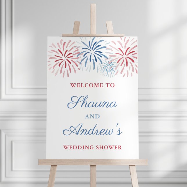 Fireworks July 4th Couples Wedding Shower Welcome Poster (Red White and Blue firework bursts Independence Day Holiday Weekend Wedding Shower Welcome Sign)