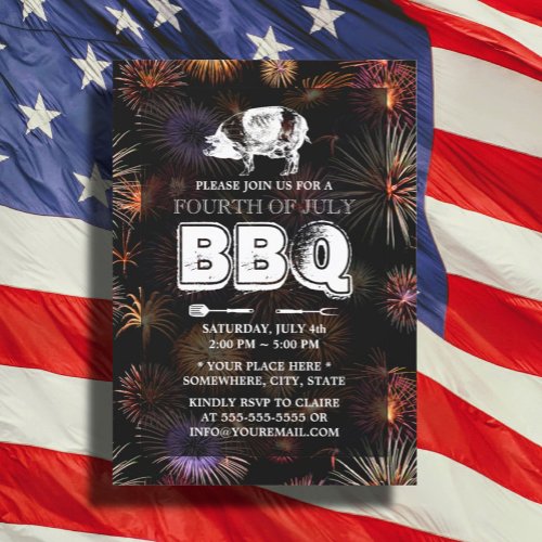 Fireworks July 4th Pig Roast BBQ Party Invitation