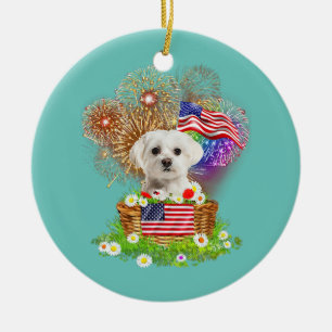 Fireworks Maltese Dog 4th Of July USA Flag  Ceramic Ornament