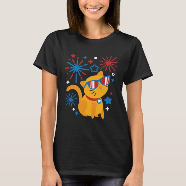 Fireworks Meowica 4th Of July USA Flag Merica Cat T-Shirt (Front)