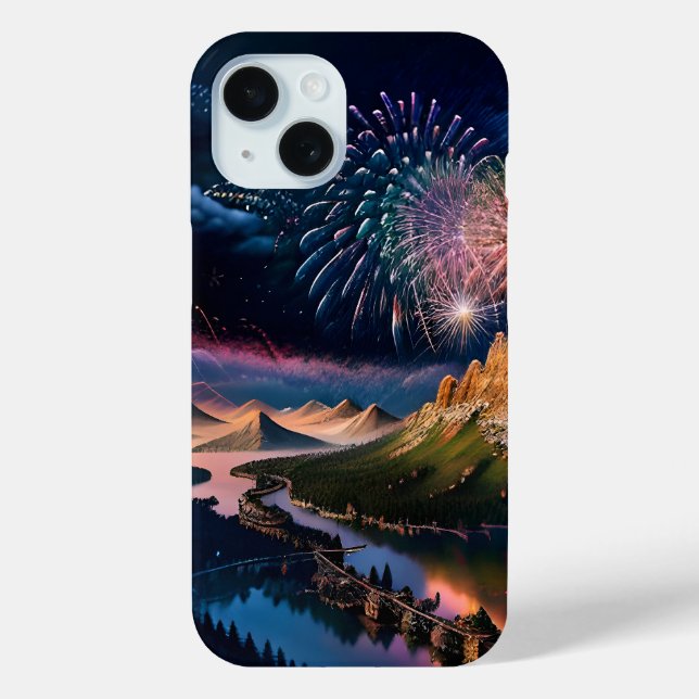 FireWorks Mountain Bridge Village River Landscape Case-Mate iPhone Case (Back)