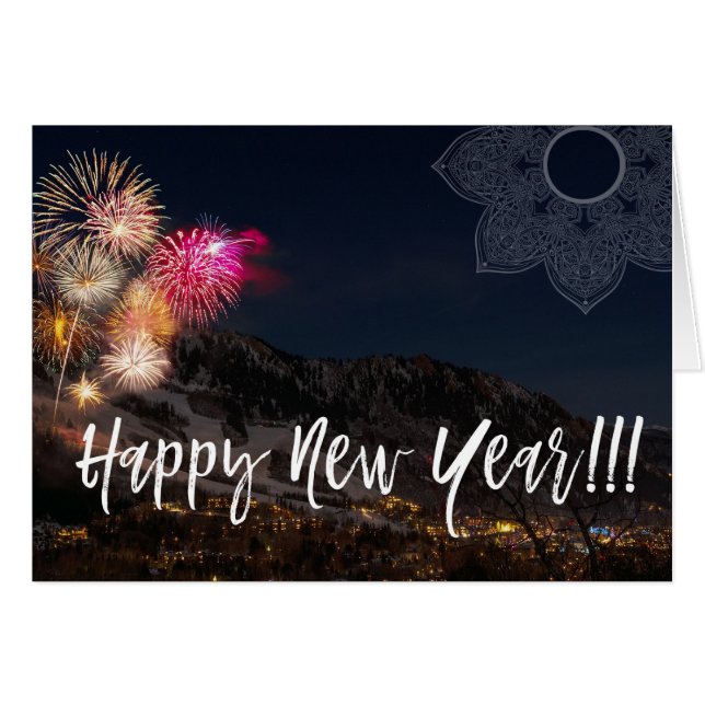 *~* Fireworks Mountain Mandala Happy New Year Cards (Front Horizontal)