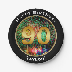 Fireworks Ninetieth 90th Birthday with Name Paper Plates