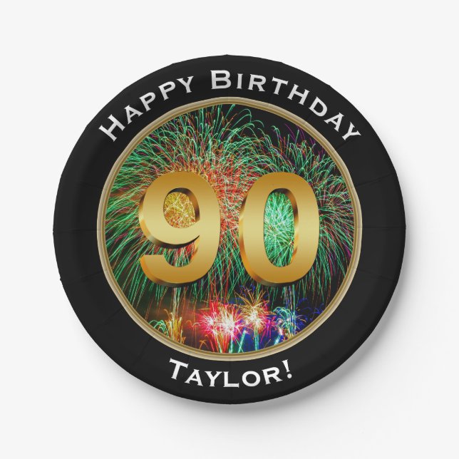 Fireworks Ninetieth 90th  Birthday with Name Paper Plates (Front)