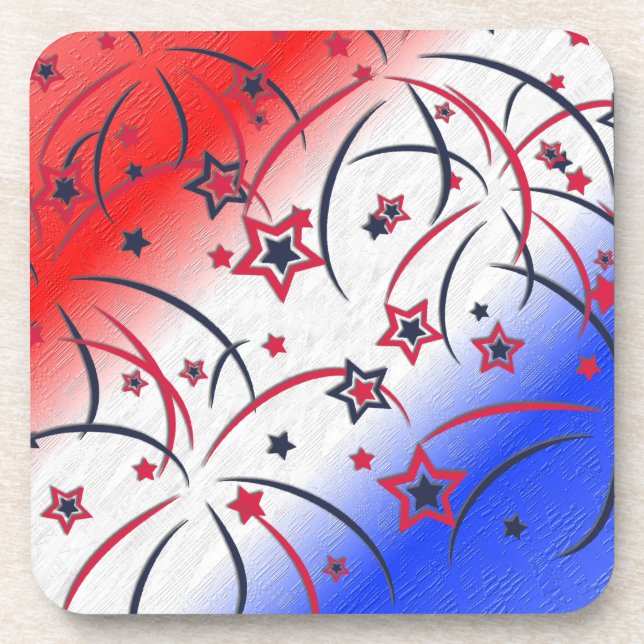 Fireworks on Red White Blue Beverage Coaster (Front)