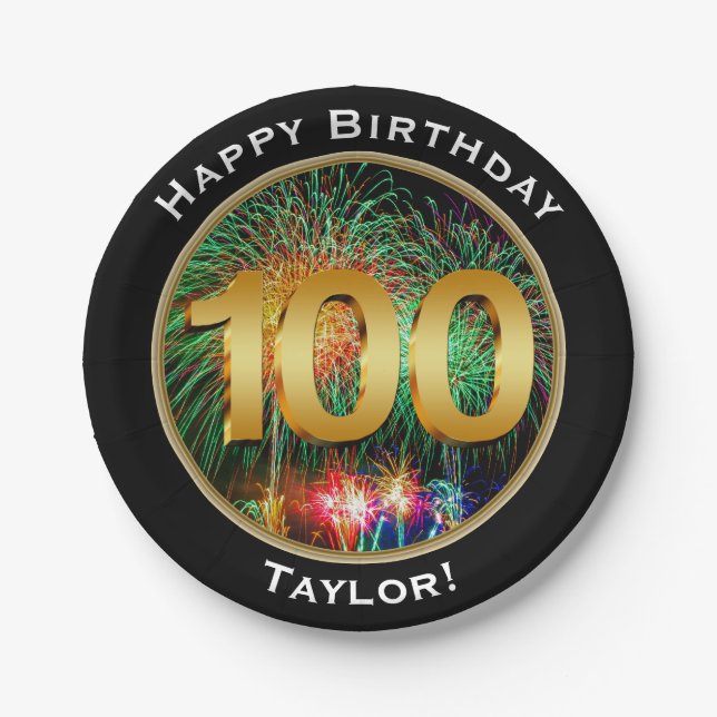 Fireworks One Hundredth 100th Birthday with Name Paper Plates (Front)