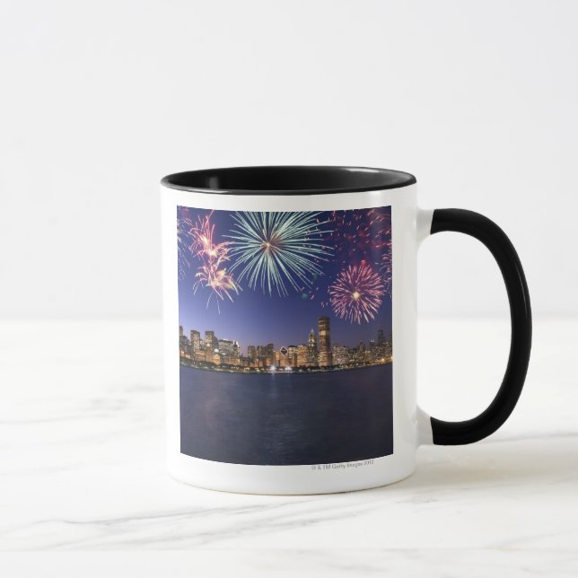 Fireworks over Chicago skyline 2 Mug (Right)
