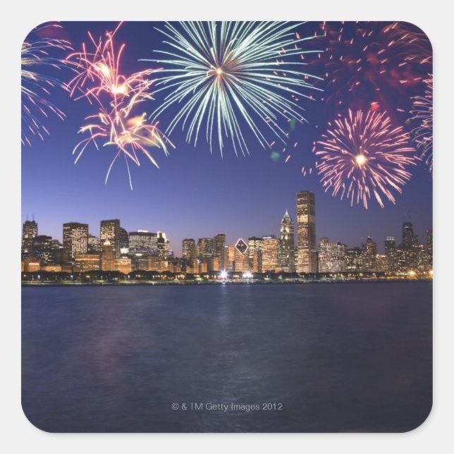 Fireworks over Chicago skyline 2 Square Sticker (Front)