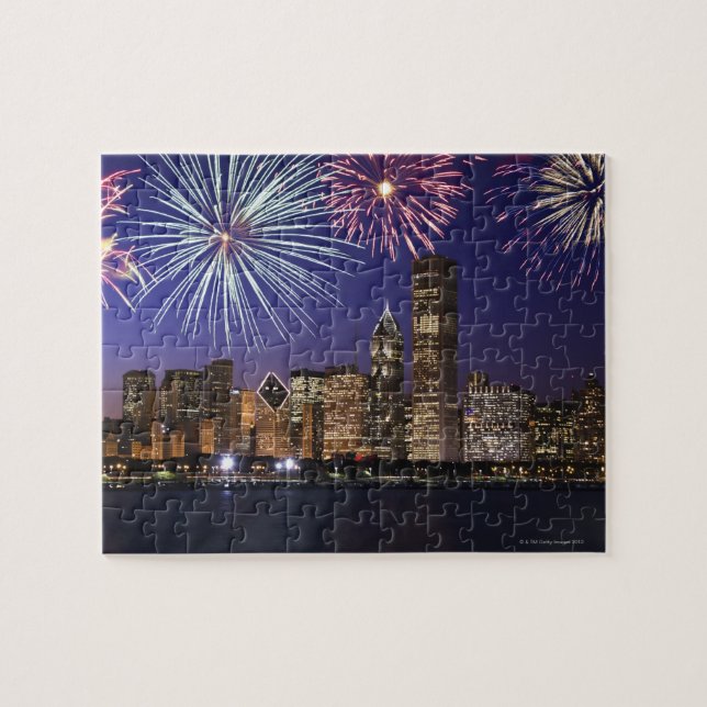 Fireworks over Chicago skyline Jigsaw Puzzle (Horizontal)