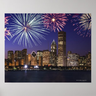 Fireworks over Chicago skyline Poster
