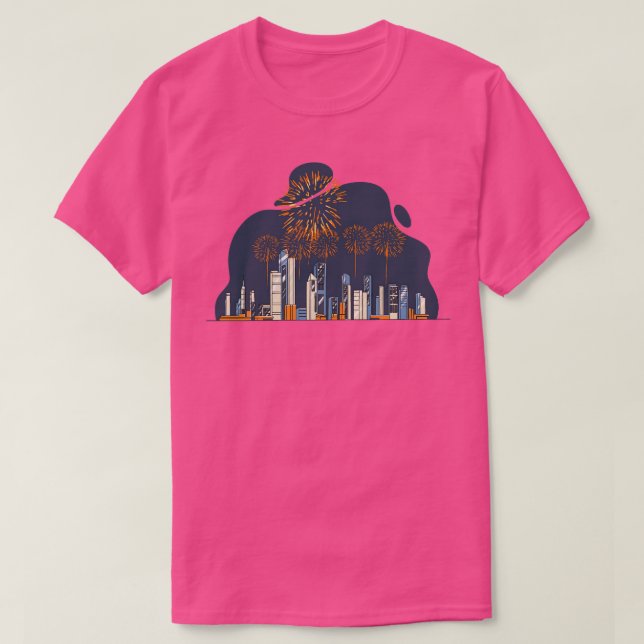 Fireworks Over City Skyline Firework T-Shirt (Design Front)