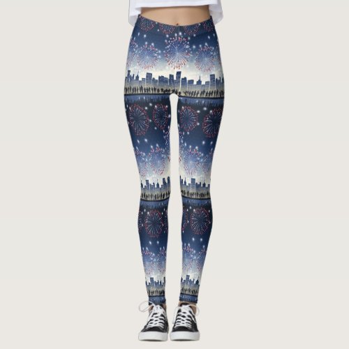 Fireworks Over the City Night Sky — All-Over-Print Leggings