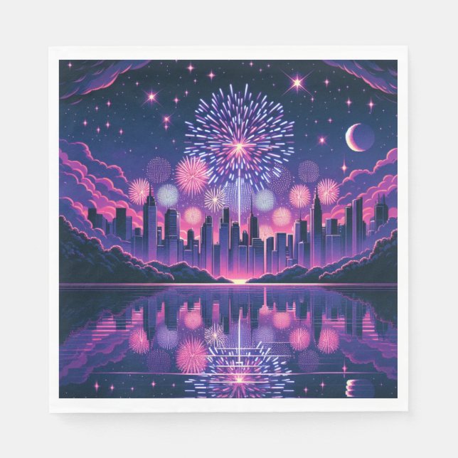 Fireworks over the City Skyline | Fourth of July Napkins (Front)