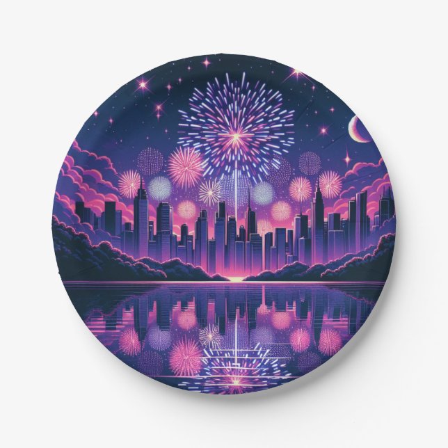 Fireworks over the City Skyline | Fourth of July Paper Plates (Front)