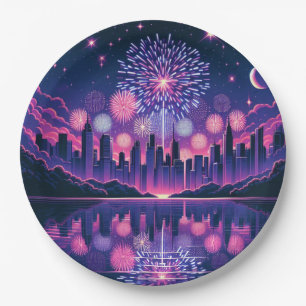 Fireworks over the City Skyline   Fourth of July Paper Plates