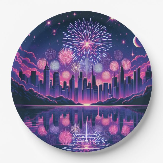 Fireworks over the City Skyline | Fourth of July Paper Plates (Front)