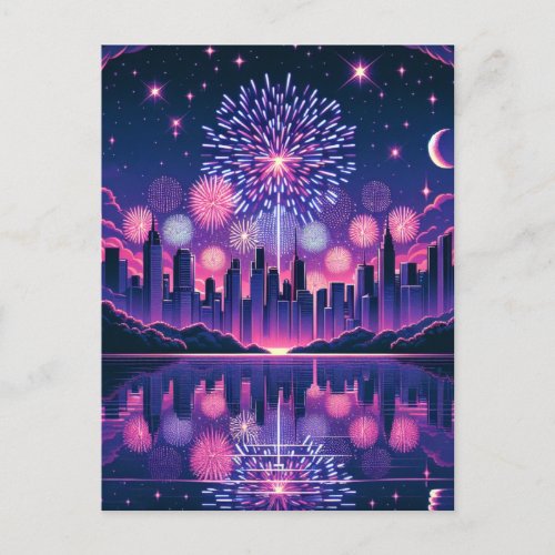 Fireworks over the City Skyline  Fourth of July Postcard
