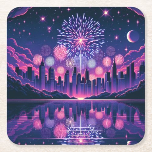 Fireworks over the City Skyline  Fourth of July Square Paper Coaster