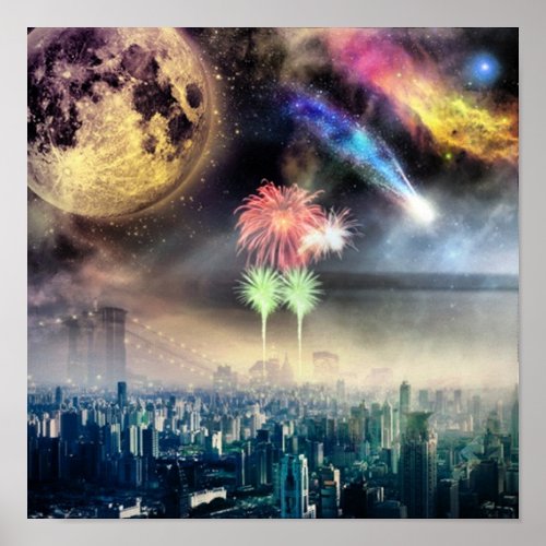 Fireworks over the night sky poster
