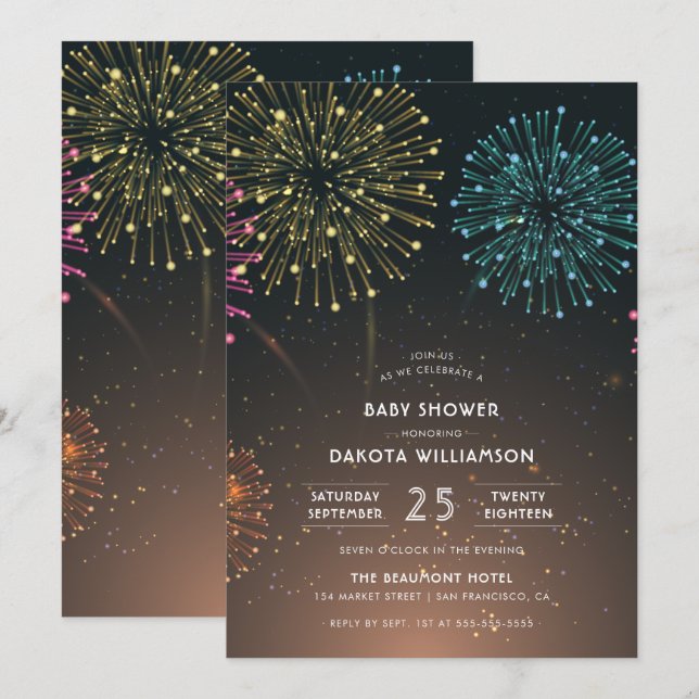 Fireworks Party | Modern Typography Baby Shower Invitation (Front/Back)