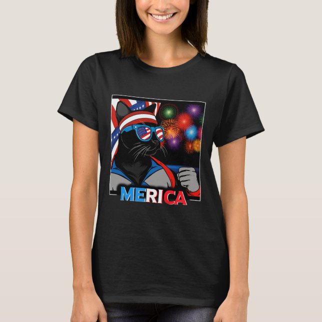 Fireworks Patriotic Black Cat  T-Shirt (Front)