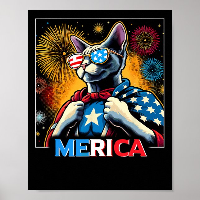 Fireworks Patriotic Devon Rex Cat Merica  Poster (Front)