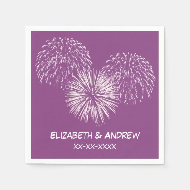 Fireworks, Plum Purple Background, Name Monogram Paper Napkins (Front)