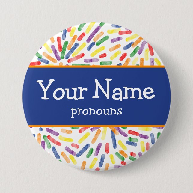 Fireworks Rainbow Pride Flag Pronouns Nametag Button (Front)