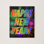 [ Thumbnail: Fireworks + Rainbow Spectrum "Happy New Year!" Jigsaw Puzzle ]