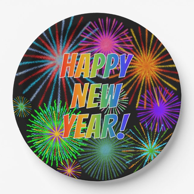 Fireworks + Rainbow Spectrum "HAPPY NEW YEAR!" Paper Plates (Front)