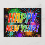 [ Thumbnail: Fireworks + Rainbow Spectrum "Happy New Year!" Postcard ]