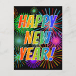 [ Thumbnail: Fireworks + Rainbow Spectrum "Happy New Year!" Postcard ]