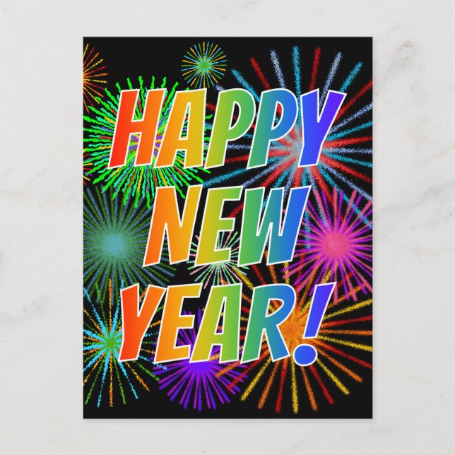 Fireworks + Rainbow Spectrum "HAPPY NEW YEAR!" Postcard (Front)