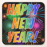 [ Thumbnail: Fireworks + Rainbow Spectrum "Happy New Year!" Paper Coaster ]