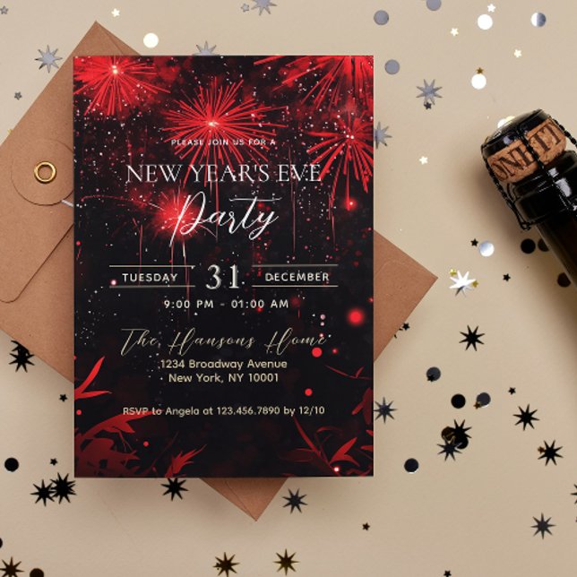 Fireworks Red and Black New Year's Eve Party Invitation (Creator Uploaded)