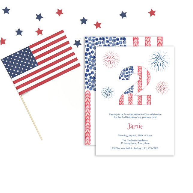 Fireworks Red White And Two 2nd Birthday Party Invitation (Creator Uploaded)