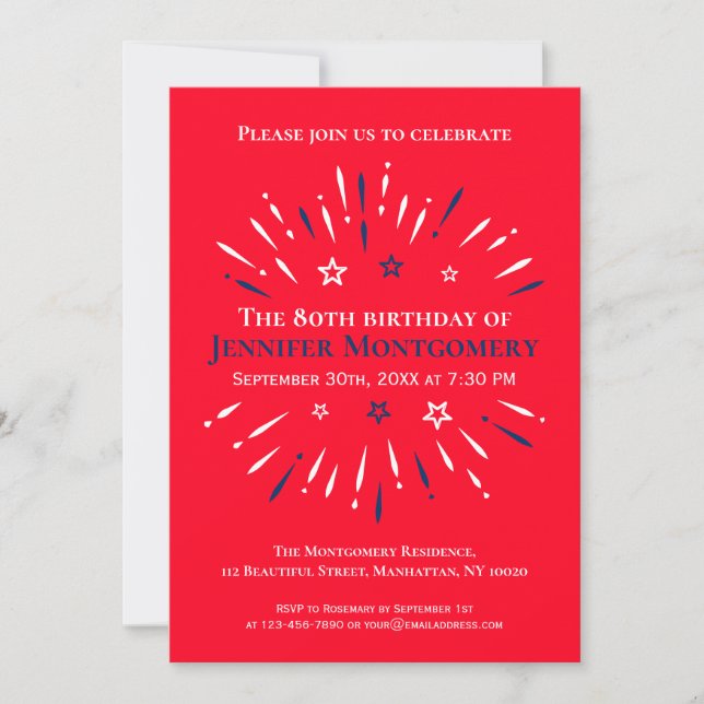 Fireworks Red White Blue 80th Birthday Party Invitation (Front)