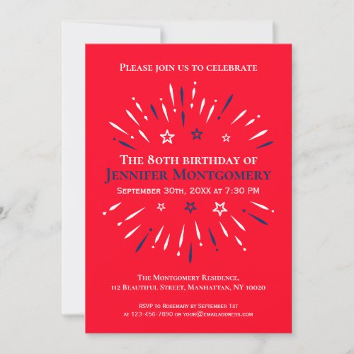 Fireworks Red White Blue 80th Birthday Party Invitation