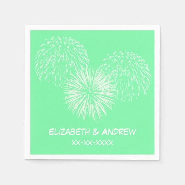 Fireworks, Seafoam Green Background, Name Monogram Napkins (Front)