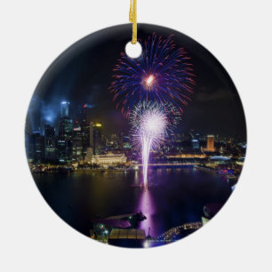 Fireworks Show in Boat Quay Singapore City Skyline Ceramic Ornament