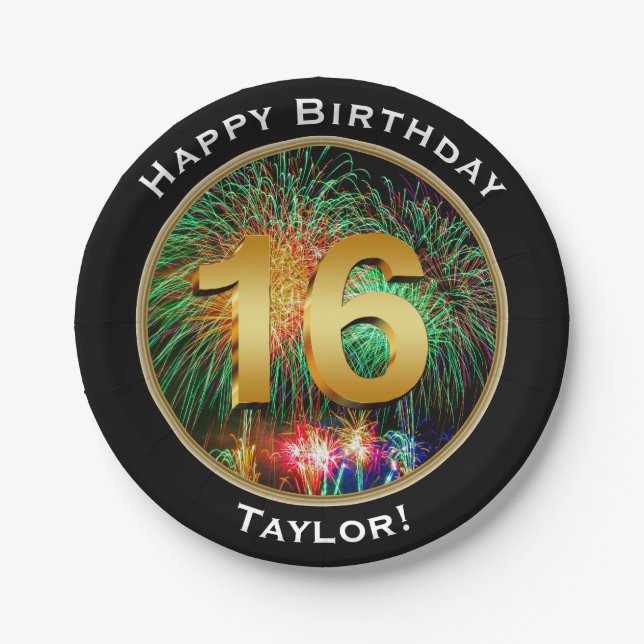 Fireworks Sixteenth 16th Birthday with Name Paper Plates (Front)