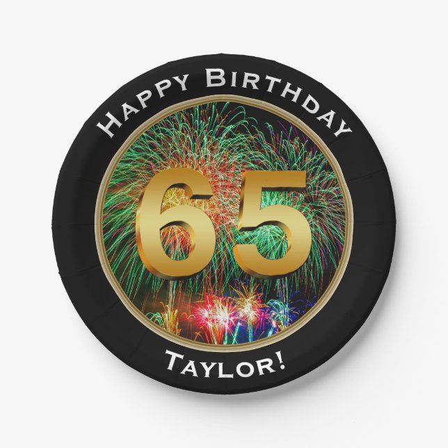 Fireworks Sixty-Fifth 65th Birthday with Name Paper Plates (Front)