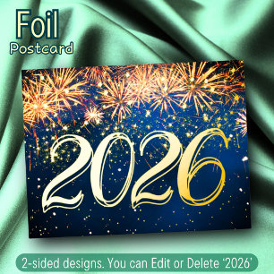 Fireworks Sky 2026 New Year Christmas Premium Gold Foil Holiday Postcard