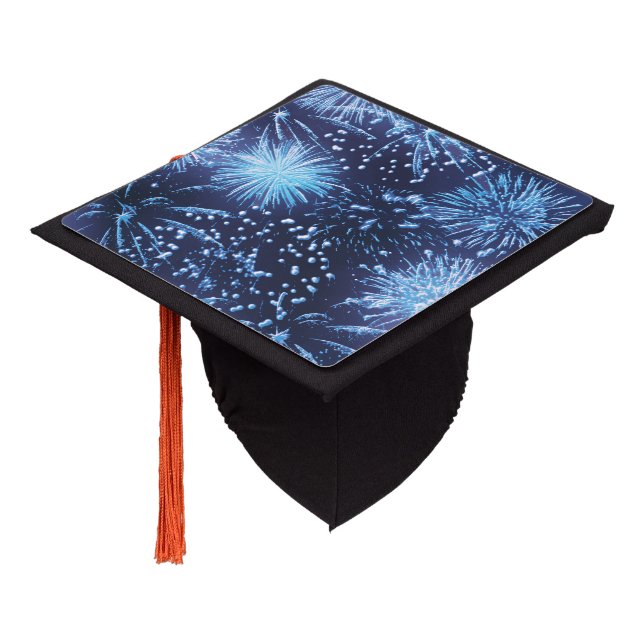 Fireworks sparkling celebration blue college graduation cap topper (Angled)