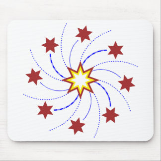 Fireworks Star Swirl - Red, Yellow, Blue on White Mouse Pad
