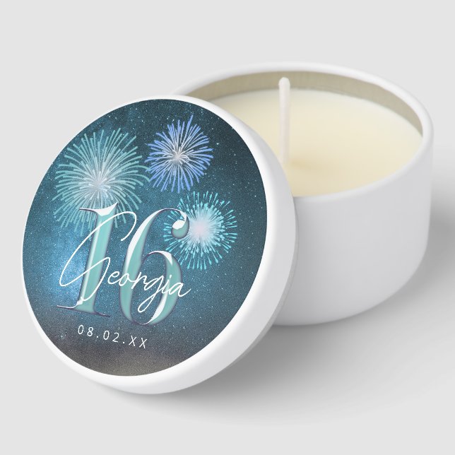 Fireworks Sweet 16 Teal ID984 Mini Candle Favors (Corner)